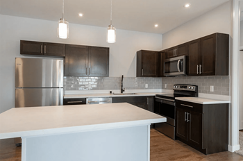 A large kitchen with stainless steel appliances and black cabinets
